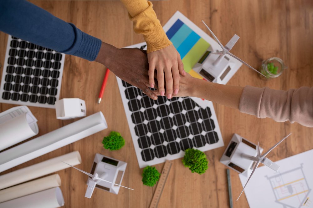 Pessoas de mãos dadas planejando as etapas do projeto de energia solar