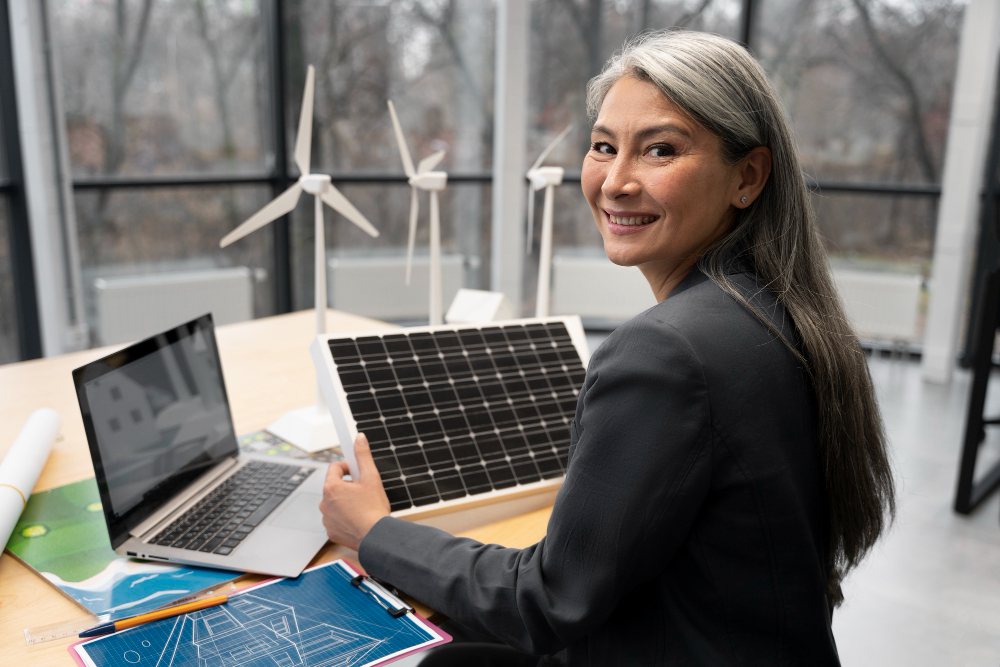 Mulher sorrindo pesquisando sobre marketing para energia solar em notebook