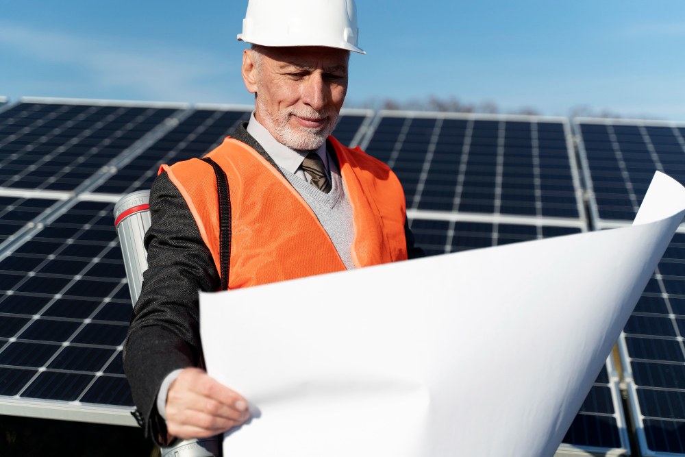 Engenheiro analisando um projeto de energia solar